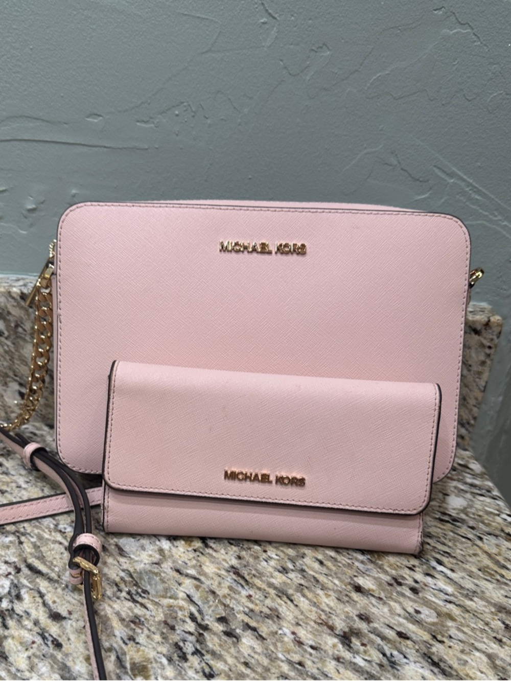 Michael Kors Light Pink Saffiano Crossbody Bag with Matching Wallet